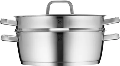 A stainless steel steamer pot with a lid and two handles.