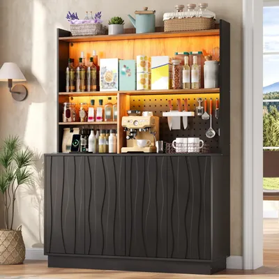 Produktbild von Flieks Küchenschrank mit LED-Beleuchtung, Steckdosen, hoher Stauraumschrank mit 4 Türen und Lochwand, Vorratsschrank 120x43x160cm, Schwarz