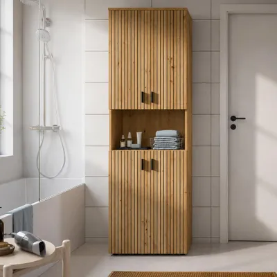 Produktbild von Badezimmer Hochschrank mit 60 cm Breite in Eiche, gerillte Fronten, 4 Türen & 1 offenes Fach - MACKAY-158