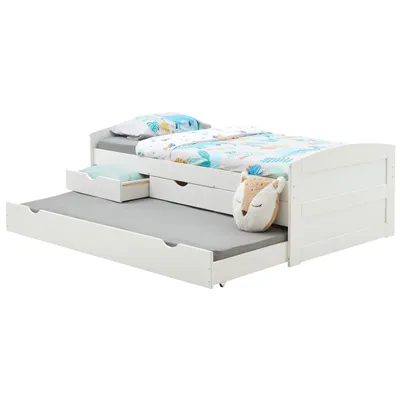 Produktbild von Bett mit Stauraum JESSY aus massiver Kiefer weiß, schönes Jugendbett mit 3 Schubladen, praktisches Funktionsbett mit Auszugbett, gemütliches Bett in 90 x 190 cm