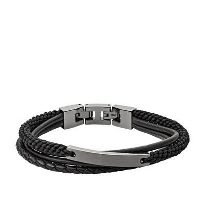 A black leather and braided bracelet with a metal clasp and plate.