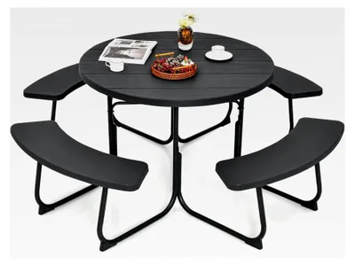 Produktbild von Sitzgarnitur für 8 Personen, Picknicktisch mit Schirmloch und 4 Bänken, runder Gartentisch mit HDPE-Tischplatte und Metallgestell