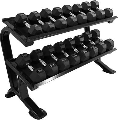 Produktbild von Heavy Duty Hexagon Kurzhantel Studio Satz von 10 - 27,5Kg (8 Paar) inkl. Ablage