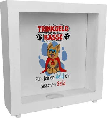 Produktbild von Rahmen Spardose aus Holz für Trinkgeld mit Hund und Spruch: Für deinen Held ein