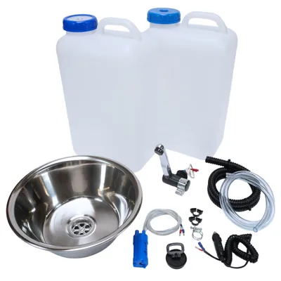Produktbild von 12V Camping Spüle rund 32cm Bausatz mit 19L Kanister Spülbecken Waschbecken Set