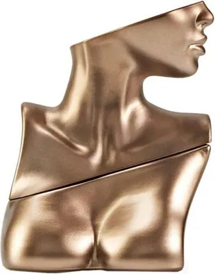A bronze-colored perfume bottle shaped like a stylized human torso and head.