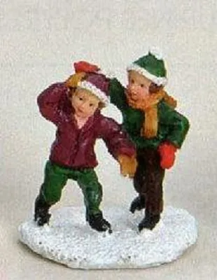 Zwei Kinder, die Schlittschuh laufen. Figuren sind detailliert und die Farbgebung ist fröhlich.