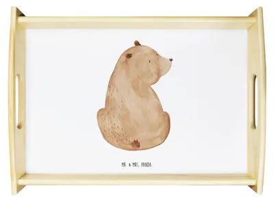 Produktbild von Mr. & Mrs. Panda Servier Tablett Bär Schulterblick - Weiß - Geschenk, Snack, aus holz, Bärenliebe, Weisheit, Motivation, Kaffee, Teddy, Selbstachtung, Bären