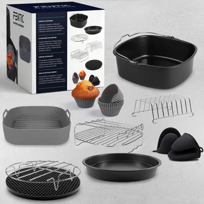 Produktbild von Fentic Heißluftfritteuse Zubehör – 19-Teiliges - Geeignet für XL und XXL Air Fryer - Inklusive Silikonform Heißluftfritteuse und E-Rezeptbuch