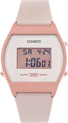 A digital watch with a rose gold case and a light pink band is shown against a white background.