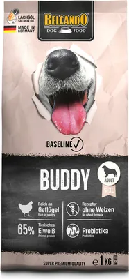 A bag of dog food with a dog's face peeking through a torn opening.