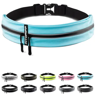 Produktbild von Fitgriff® Laufgürtel für Handy - Lauftasche Jogging, Hüfttasche, Sportgürtel, Running Belt zum Joggen, Laufen, Sport, Fitness - passend für alle Smartphones (Cyan, 62-90cm Bauchumfang)