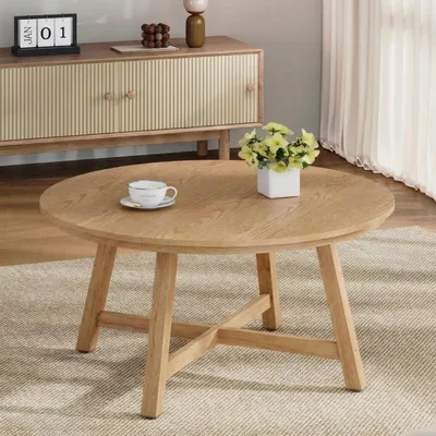 Obrázek produktu pro Průmyslový konferenční stolek - Kulatý obývací stolek o průměru 91 cm - Deska stolu s povrchem imitujícím dřevo - Kovová konstrukce - Nastavitelné nohy - Snadná montáž - Barva dřeva