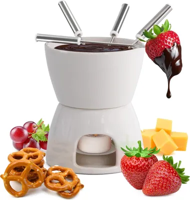 Produktbild von Keramik-Schokoladenfondue-Set. Komplette Käsefondue-Sets mit Fondue-Topf. Kerzen und Gabeln