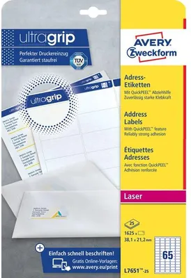 Zdjęcie produktu dla Avery L7651-25, Etykieta samoprzylepna, Biały, Papier, Laser, Na stałe, Zaokrąglony prostokąt