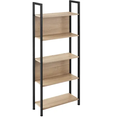 A tall, narrow bookshelf with a light wood grain finish and black metal frame, shown against a white background.