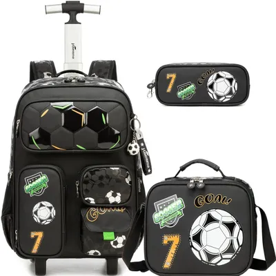 Produktbild von Schulrucksack Trolley Jungen Fußball Ergonomisch mit Rollen für Grundschule 3. Klasse Schwarz 42x30x20cm