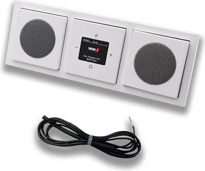 Produktbild von Busch Jäger DAB+ (DAB PLUS) Unterputz Radio 8215U-101 Future Linear Studioweiß, Set mit 2 x Lautsprecher, Abdeckungen, Rahmen + 0,9 m EBROM Wurfantenne z. Empfangsoptimierung, 8215 U – 101