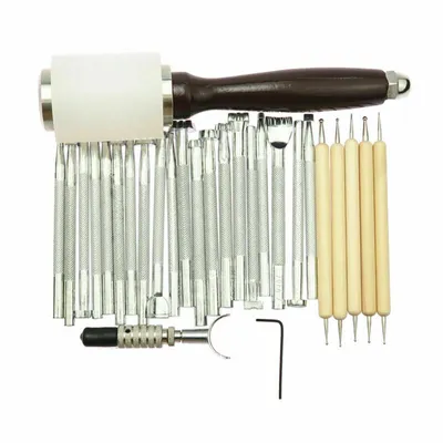 Produktbild von 27 Stück Leder Werkzeug Set, Nylon Schnitzen Hammer, Punziereisen