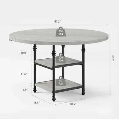 Obrázek produktu pro Kulatý jídelní stůl, průměr 120 cm – kuchyňský a jídelní stůl – pro 4–6 osob – dřevěná konstrukce – cylindrická podnož se úložným prostorem – moderní styl – šedá barva