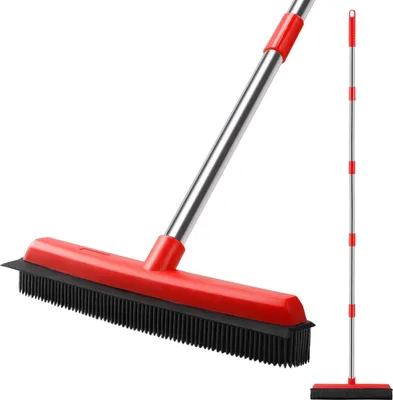 Image de Balai en caoutchouc à long manche (154 cm) Brosse à sol avec poils en caoutchouc et raclette (34 cm) pour enlever les poils de chat et de chien des tapis - Convient pour l'intérieur et l'extérieur