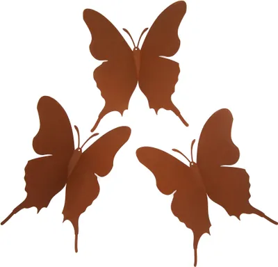 Three brown butterfly-shaped garden stakes are arranged in a triangular formation against a white background.