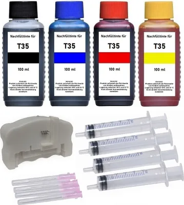 Produktbild von Tintenpatronen Nachfüllset - 4 x 100 ml Nachfülltinte + Chipresetter für Epson Druckerpatronen T3581 - T3584, T3591 - T3594, T35 XL black, cyan, magenta, yellow für Epson WorkForce Pro WF-4720, 4725, 4730, 4735, 4740