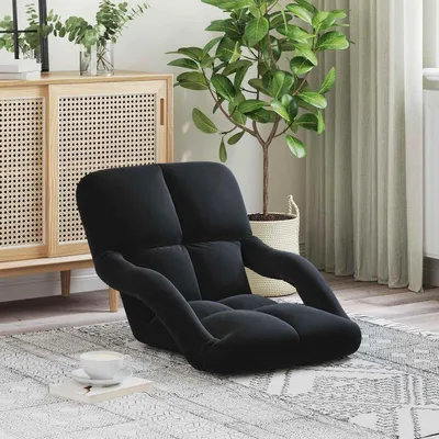 Produktbild von Schwarzer verstellbarer Fußsessel aus Samt mit gepolsterter Rückenlehne, ergonomischen Armlehnen und klappbarem Metallrahmen, als Bodenkissen und Sitzkissen geeignet