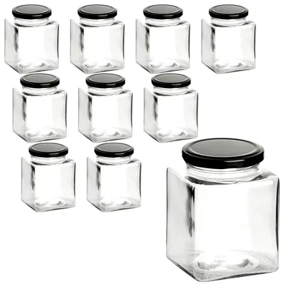 Produktbild von gouveo 10er Set Einmachgläser 500 ml eckig mit Schraubdeckel schwarz - Vorratsgläser mit Drehverschluss - Leere Gläser zum Einkochen und Aufbewahren