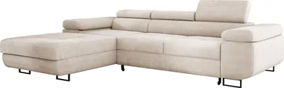 Produktbild von Wohnlandschaft mit Bettfunktion, Ecksofa Cord ADRIANO 202x277 cm, Eckcouch mit einstellbare Kopfstützen, Polsterecke, Sofa L - Links Cremig PS100
