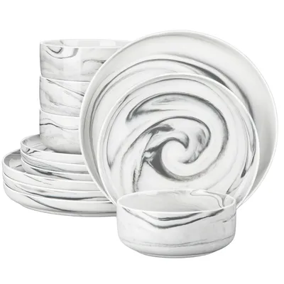 Zdjęcie produktu dla 24-częściowy zestaw naczyń z marmuru i porcelany, przyjazny dla środowiska, można myć w zmywarce i używać w kuchence mikrofalowej, LUNA-12-GREY