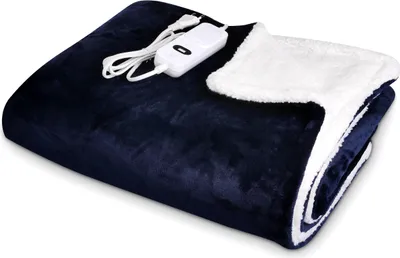 Produktbild von Navaris XXL Elektrische Poncho Heizdecke - 180x130cm 3 Wärmestufen Abschaltautomatik waschbar - Kuschelige Wärmedecke Dunkelblau Weiß