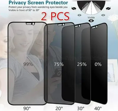 A marketing image showing multiple privacy screen protectors for a smartphone, with varying levels of privacy indicated by percentages and angles.