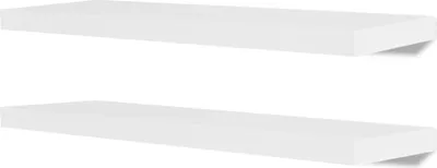 Two white floating shelves are shown against a white background.