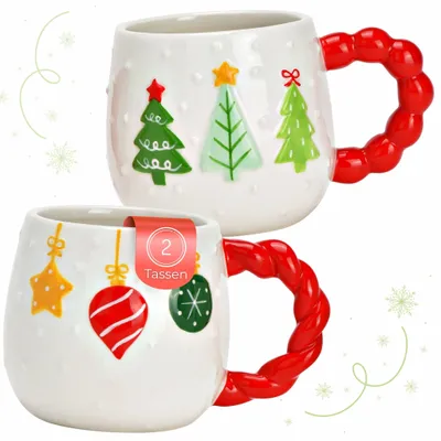 Produktbild von Kaffeetassen 2er Set weiß mit rotem Henkel & Winterdekor