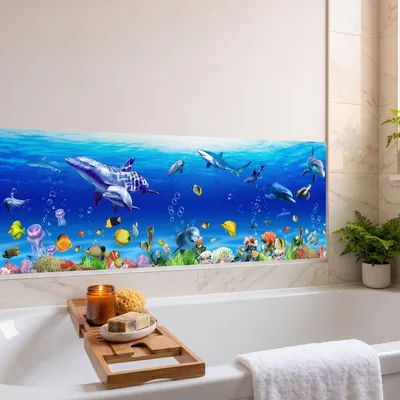 Image de Autocollants muraux décoratifs pour la salle de bain représentant des dauphins, des baleines et des poissons exotiques.