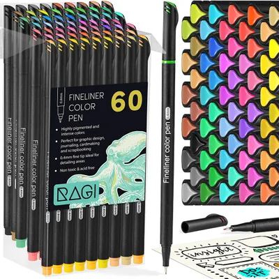 Obrázok produktu pre Farebné linery RAGI 0,4 mm, sada 60 ks, kovová špička v puzdre