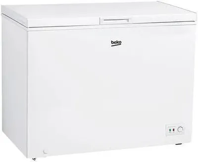 A white chest freezer is shown against a white background.