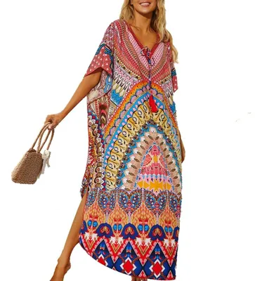 Zdjęcie produktu dla Kaftan Lange Boho, sukienka plażowa - Letnia, długa sukienka maxi - Pareo/narzutka - Dekolt V - Rozmiar M-4XL - Idealna na wakacje