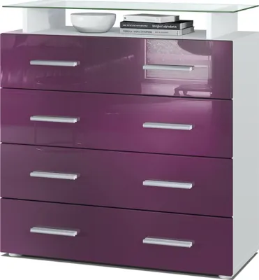 Produktbild von Vladon Sideboard Pavos V2, Kommode mit 4 Schubladen und Glasablage, Weiß matt/Brombeer Hochglanz (76 x 81 x 35 cm)