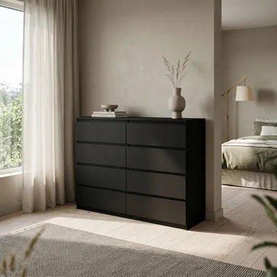 Produktbild von Masseno Kommode NUDO 120 cm Sideboard mit 8 Schubladen und Türen für Wohnzimmer Schlafzimmer Modern 120x39x101,5 cm Schwarz / Schwarz