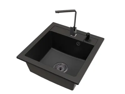 Produktbild von Granitspüle Küchenspüle Schwarz gesprenkelt mit Armatur Schwarz und Seifenspender