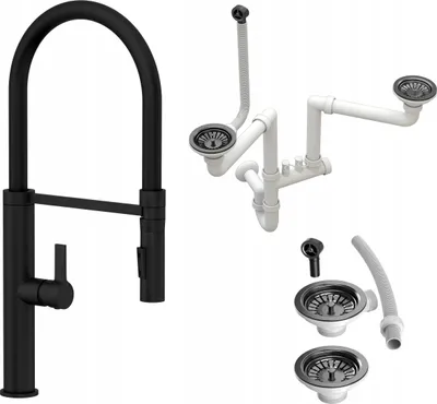 Immagine prodotto di Granitan | Miscelatore da cucina completamente nero - Altezza totale 485 mm - Bocca estraibile - Sifone per doppio lavello