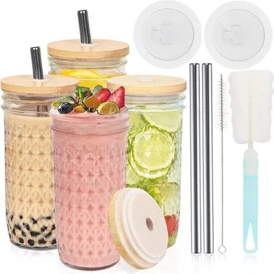Produktbild von Famanu Bubble Tea Becher mit Deckel und Strohhalm - Set von 4, 730 ml
