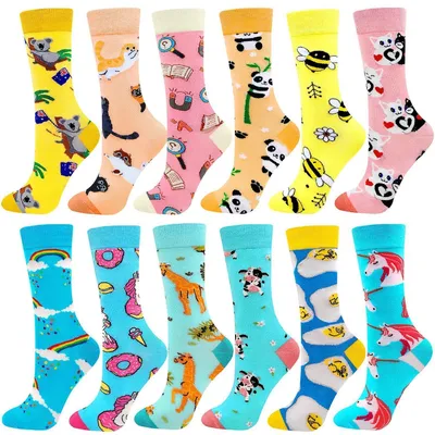 Produktbild von Bunte Baumwollsocken mit lustigem Muster, Crew Socken, L-XL, 12 Paar, Einhorn Serie