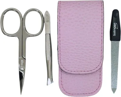 Produktbild von Solingen Maniküre Set 3-teilig – Nagelschere, Pinzette & Saphirfeile – Dollaro Echtleder Etui Germany Rosa