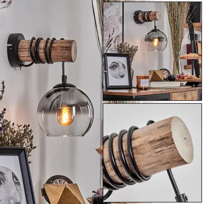 Produktbild von Cesaro Wandlampe aus Metall/Holz/Glas in Schwarz/Natur/Rauchfarben/Klar
