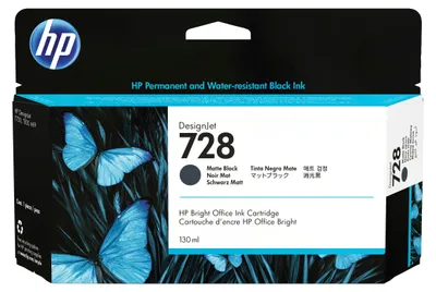 Immagine prodotto di Cartuccia d'inchiostro HP 728 DesignJet nero opaco, 130 ml, stampante HP DesignJet T730, stampante multifunzione HP DesignJet T830, getto d'inchiostro termico, nero, Singapore, Malesia, 202 mm, 129 mm