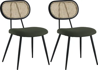 Image de Lot de 2 chaises en cannage et tissu boucle vert kaki ELENA