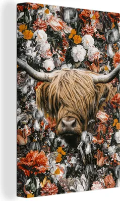 Produktbild von OneMillionCanvasses® - Leinwandbilder - 90x140 cm, Schottische Hochlandrind - Blumen - Rosen, Wandbilder Wohnzimmer Hochland Rind - Tier Wanddekoration - Hochland Rind - Kuh - Gemälde auf Holzrahmen  - Wandschmucke - Schlafzimmer